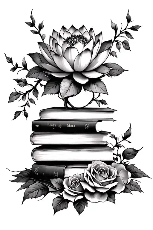 books with roses and vines and lotus flower tattoo design idea