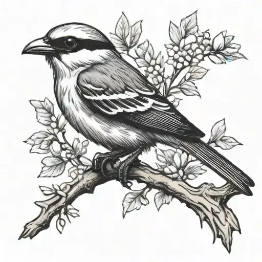 shrike landing on branch tattoo design idea