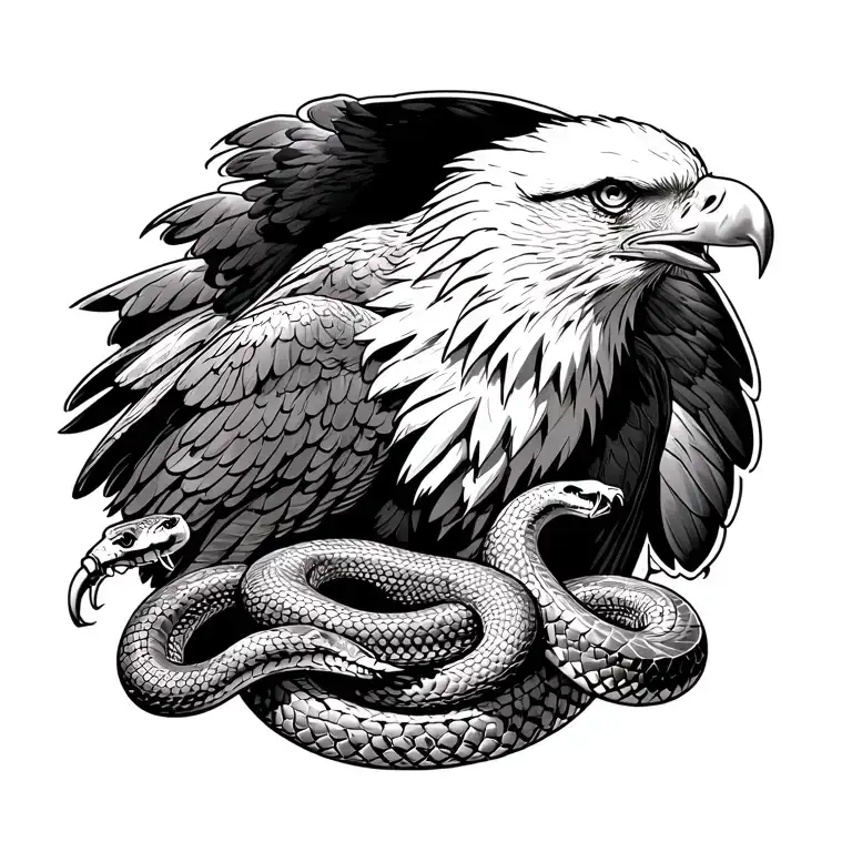 Large bald eagle with a snake in both talons. The eagle is on the back and the snake wraps around side to bite nipple tattoo design idea