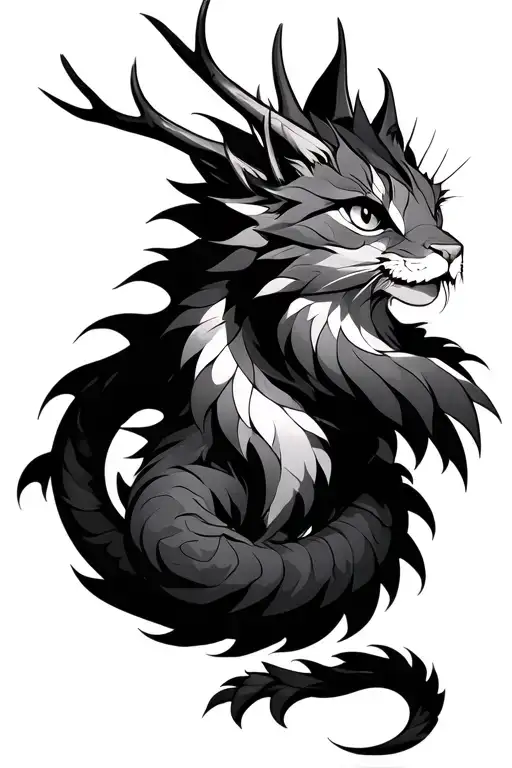 Eastern dragon that looks cat like, antlers instead of horns, with a fluffy mane and fur going down its back to its tail tattoo design idea