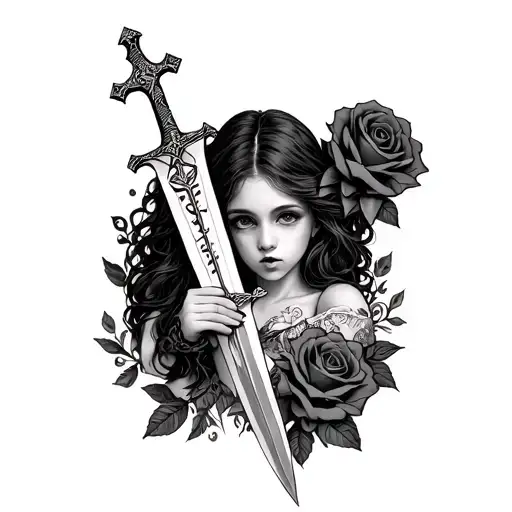 Girl Holding sword and letters amor fati and cross and rose symbols tattoo design idea