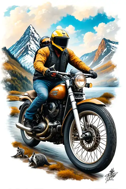 Royal enfiled himalyan 411 bike and a helmet and mountain with a river and clouds&wolfs and a camara and rideing couple. tattoo design idea