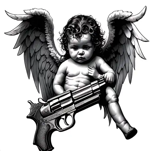 gun and baby angel half demon tattoo design idea