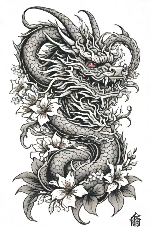 Japanese dragon, cherry blossoms, Tokyo tower surrounded tattoo design idea