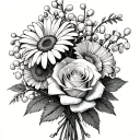 Flower bouquet with a daisy, lily of the valley, a rose, and a marigold tattoo design idea
