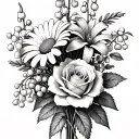 Flower bouquet with a daisy, lily of the valley, a rose, and a marigold tattoo design idea
