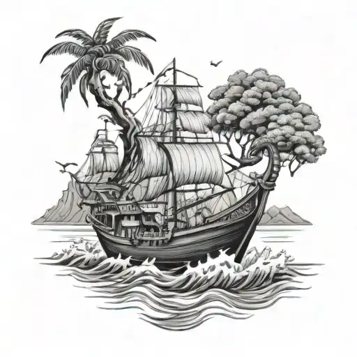 thailand boat sailing towards beach with family tree surrounded by water dragon tattoo design idea