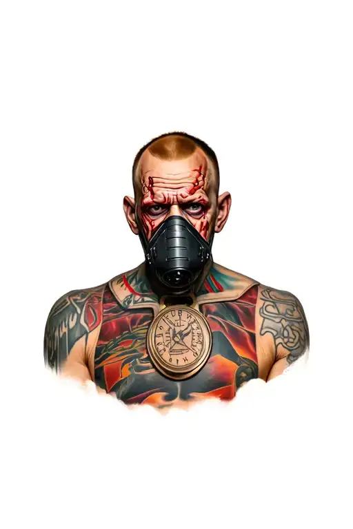“A hyper-realistic full-color tattoo design of Hannibal Lecter in prison, wearing his iconic muzzle mask, placed on the  tattoo design idea