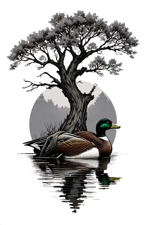 cottonwood tree and duck hunting with dog tattoo design idea