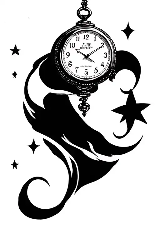 Black ink tattoo design featuring a crescent moon, a vintage watch showing the time 4:39 PM, and the Aries zodiac symbol tattoo design idea