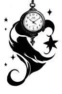 Black ink tattoo design featuring a crescent moon, a vintage watch showing the time 4:39 PM, and the Aries zodiac symbol tattoo design idea