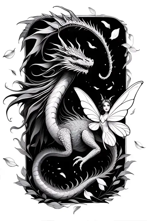 fantasy dragon and tiny fairy flying around with petals falling more feminine tattoo design idea