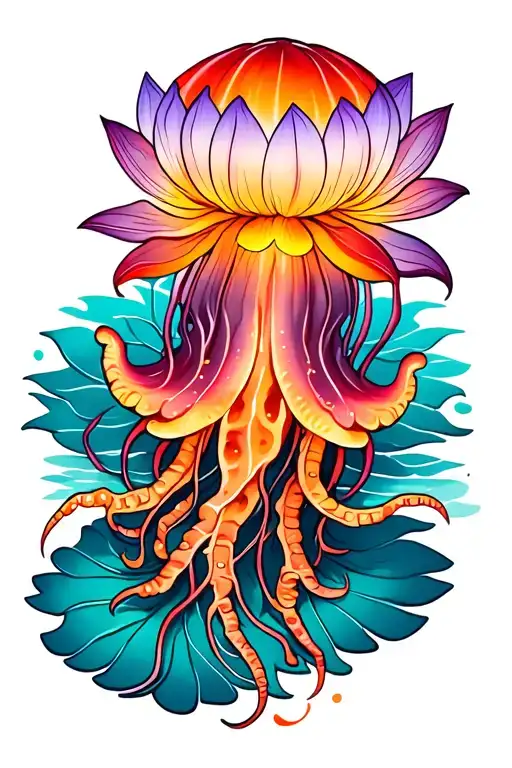 A jellyfish with a lotus flower, the jellyfish with red, yellow, orange and violet colors, neo-traditional style tattoo design idea