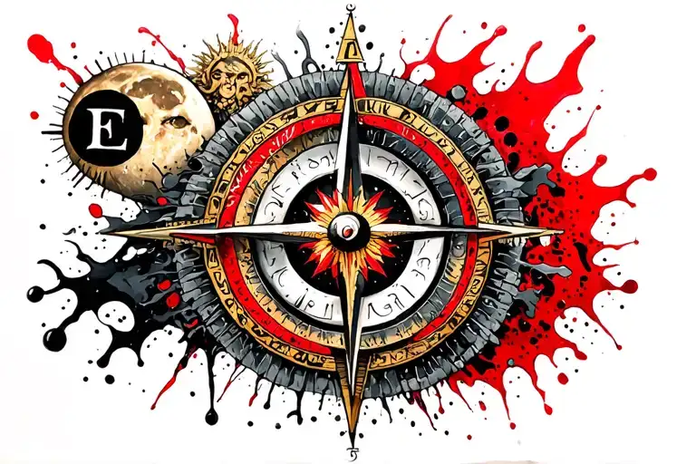 uroboros, sun and moon, compass with E, Vitruvius man, Fibonacci, Medusa, masonry eye, air water fire and earth elements tattoo design idea