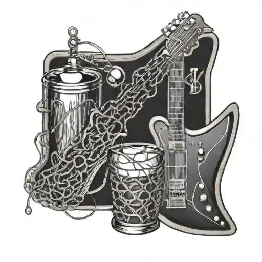 An intricate tattoo showcasing a cocktail shaker intertwined with electric guitar strings, representing the client's passion for bartending and rock music tattoo design idea