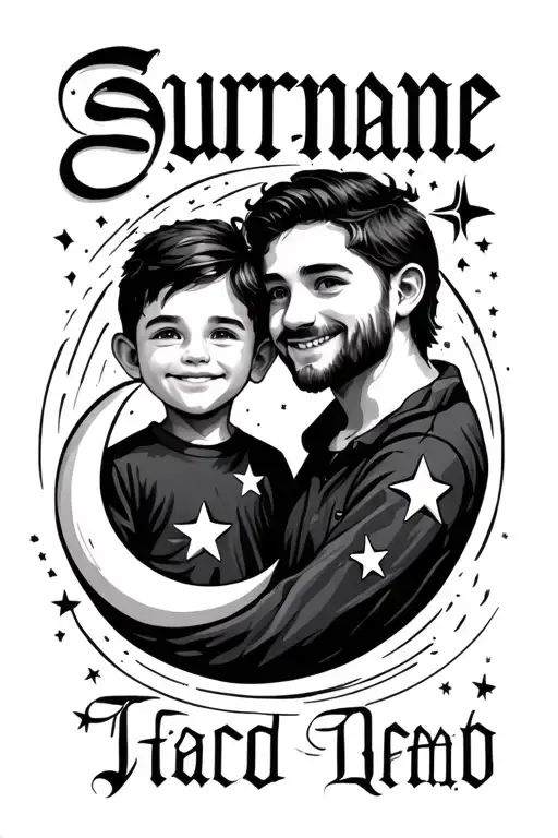 dad and son, with one star and moon, with surname tattoo design idea
