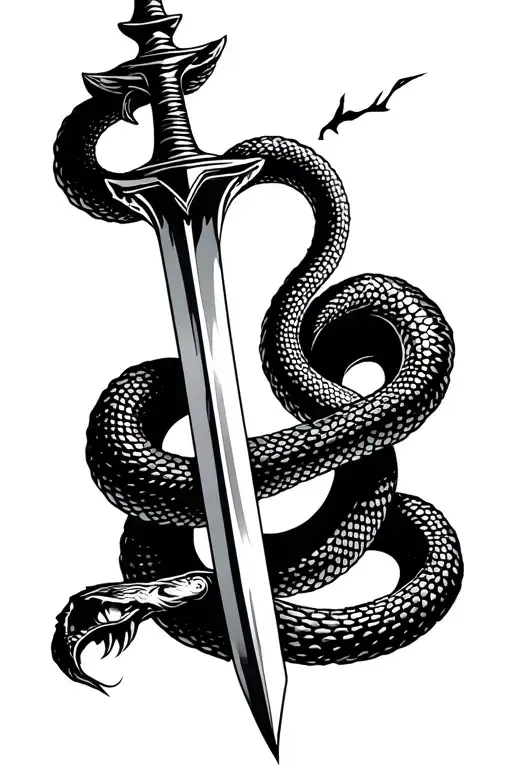 A downward-pointing sword resembling a cross with a snake coiled around it and its mouth open. tattoo design idea