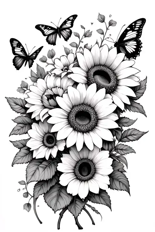 sunflowers, petunias and butterflies tattoo design idea