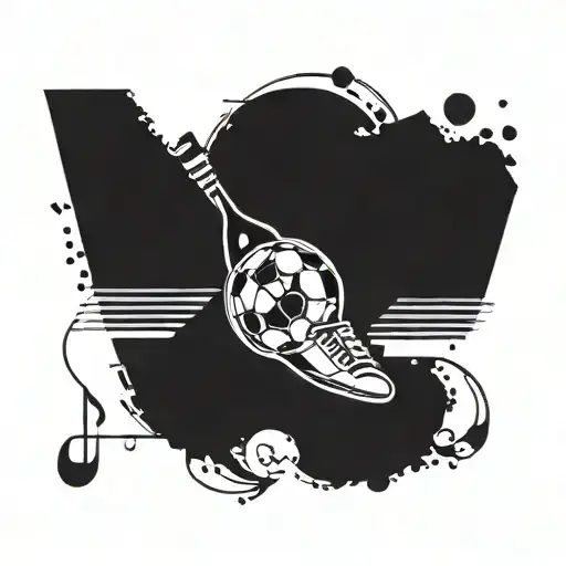 A blackwork tattoo combining a soccer ball, musical notes, and a wine glass to represent your love for sports, music, and alcohol tattoo design idea