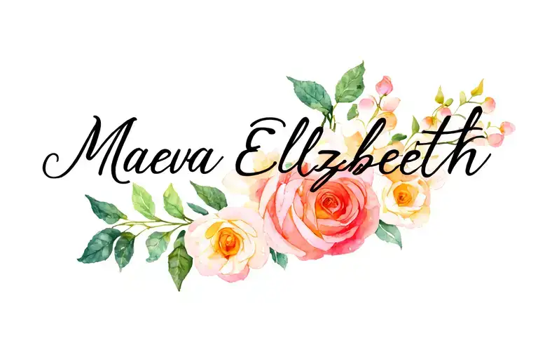 "Maeva Elizabeth" Name entertwined with rose and honeysuckle flowers tattoo design idea
