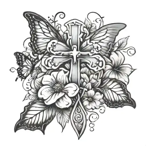 cross with flowers and butterflies tattoo design idea