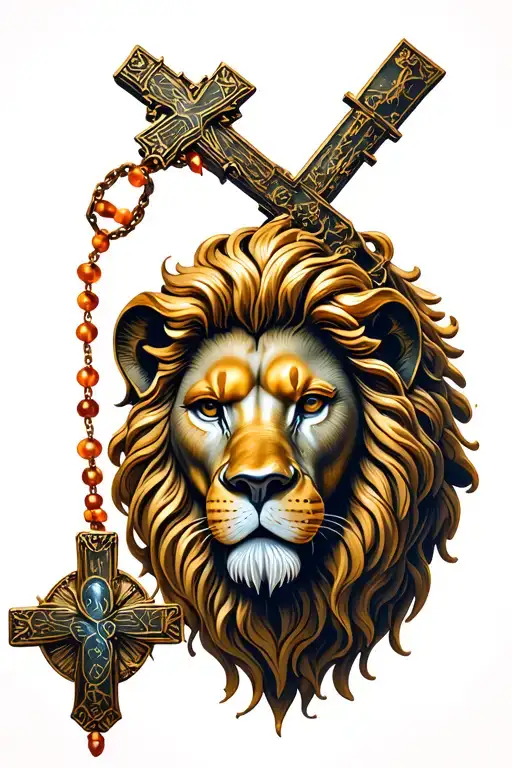 lion and cross rosary beads tattoo design idea