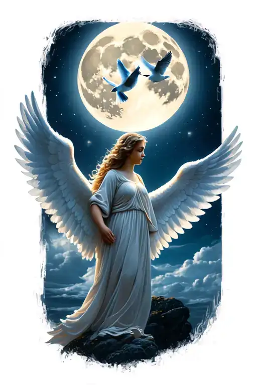 angel with wings doves flying towards bright shining full moon tattoo design idea
