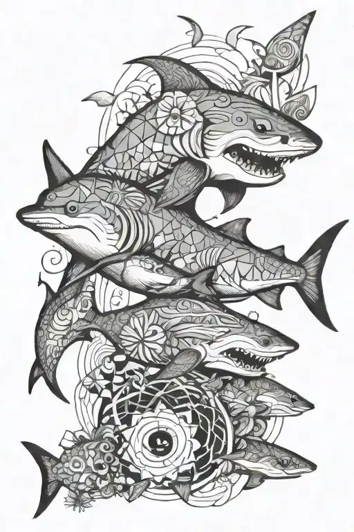 I want you to do a tattoo from wrist to elbow with an oceanic and geometric theme, with shark and reef ornaments. tattoo design idea