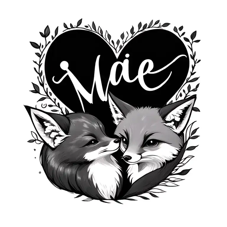 Heart that beats first name "Maé" and little fox tattoo design idea