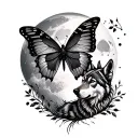 red ink with black and grey. butterfly wolves moon and nature tattoo design idea