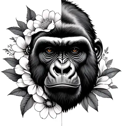 half gorilla face half flowers tattoo design idea