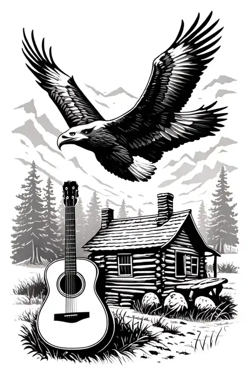 acoustic guitar sitting beside a log cabin and a bald eagle flying  tattoo design idea