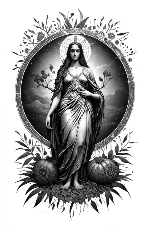 geometric micro realism demeter goddess of the harvest, fertility, and the earth (stand pose , full body,2 hand only) tattoo design idea