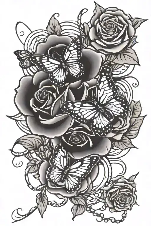 butterfly roses cross japanese writing put your trust in god tattoo design idea