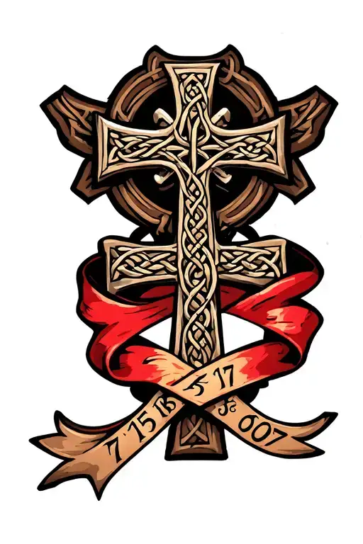 Celtic cross wrapped in a ribbon with the dates 7 15 18 and 5 7 07 tattoo design idea