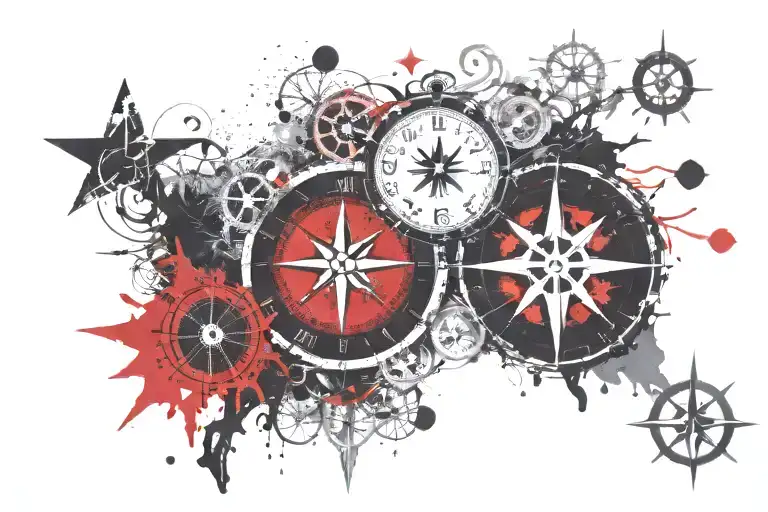 clock, tree, star and compass tattoo design idea