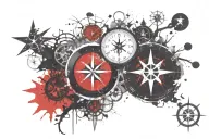 clock, tree, star and compass tattoo design idea