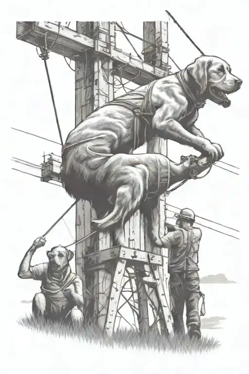A country-themed tattoo design featuring linemen working on power lines with a Labrador dog in the background tattoo design idea