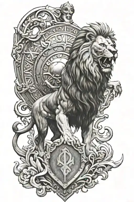 powerful lion and gladiator with a shield below   tattoo design idea