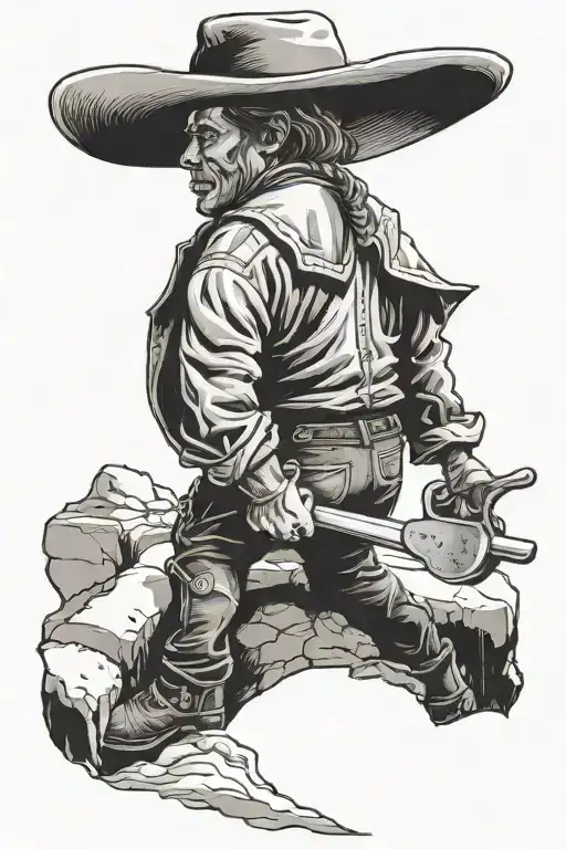 cowboy figure holding a shovel in front of grave  tattoo design idea