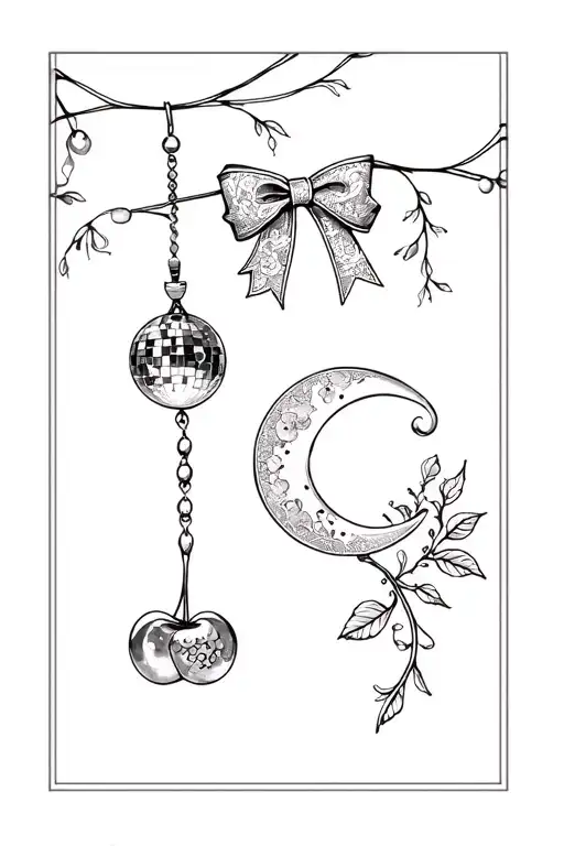 Charms of a cherry, mirrorball, lace bow, and a moon, all on a string tattoo design idea