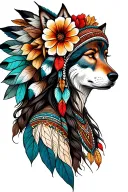 wolves Native American traditional floral lady head tattoo design idea