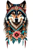 wolves Native American traditional floral lady head tattoo design idea