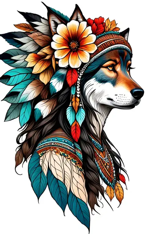 wolves Native American traditional floral lady head tattoo design idea