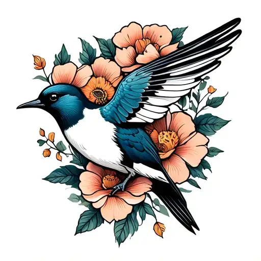 swallow with flowers tattoo design idea
