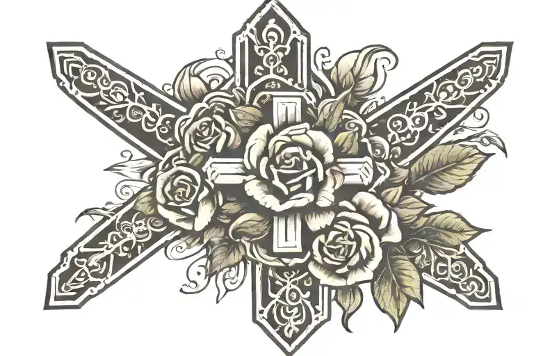 protection family rose cross tattoo design idea