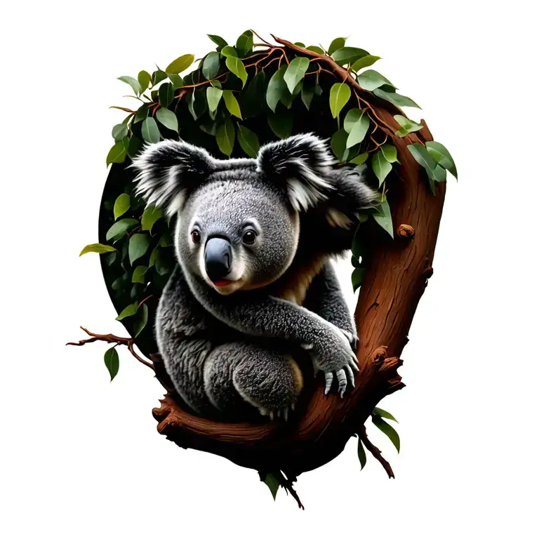 color Black and white, koala bear on eucalyptus tree branch tattoo design idea