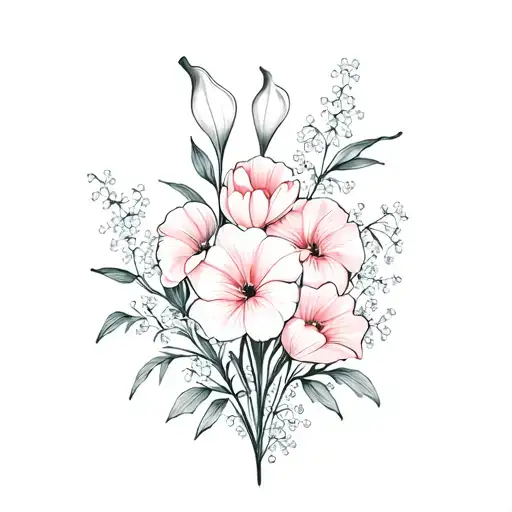 strip of flowers with calla lily larkspur tulips hydrangeas  and babys breath tattoo design idea