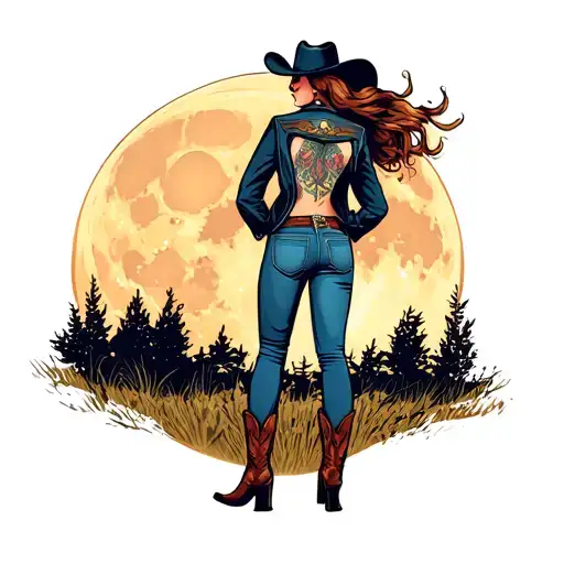 back of retro cowgirl standing wearing cowboy boots no hat, jacket howdy, jeans, just full moon in background tattoo design idea