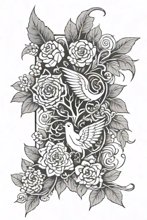 russian, woodblock, nature elements intertwined tattoo design idea